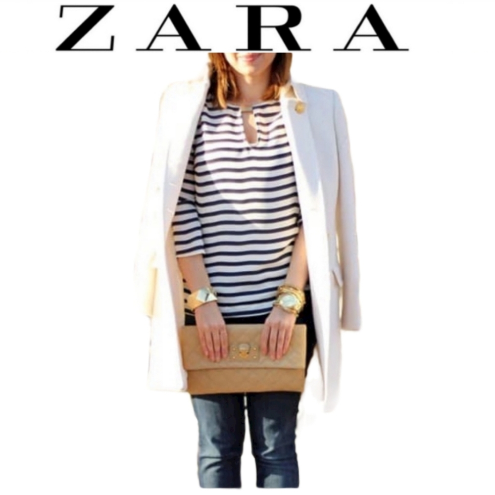 Zara navy/white striped key hole blouse size M